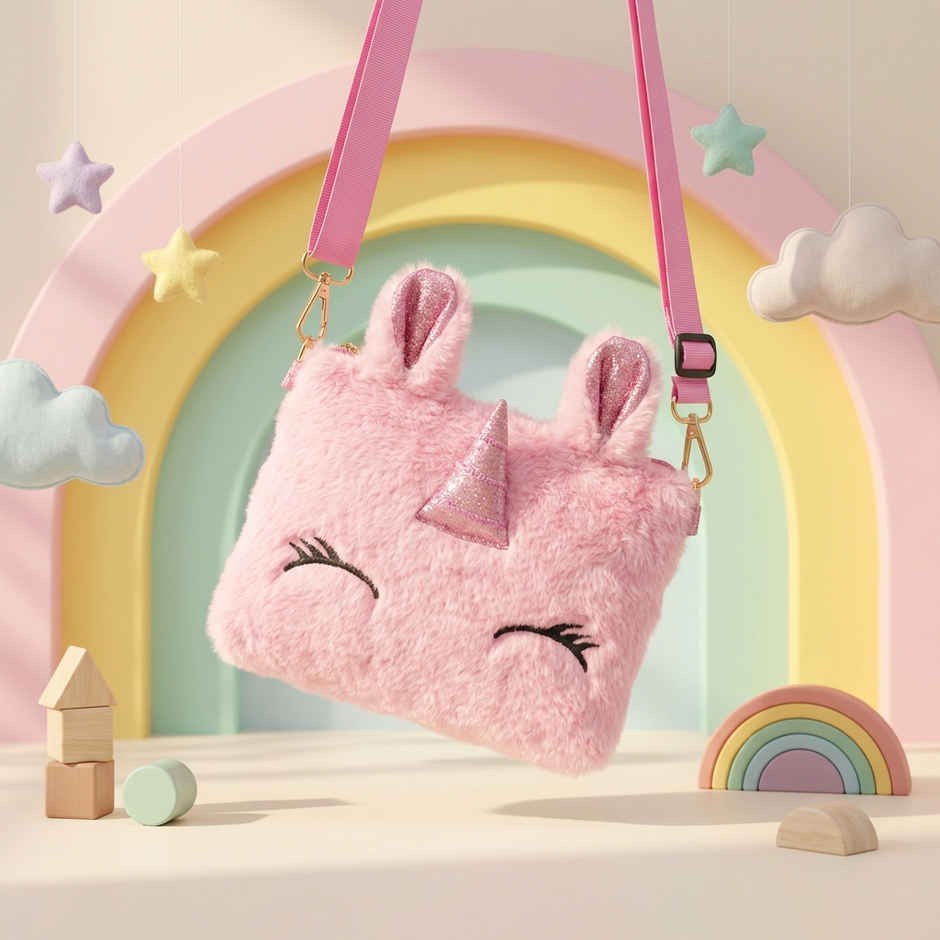 Kidara Unicorn Fur Kids Sling Bag | Rectangle | Pink