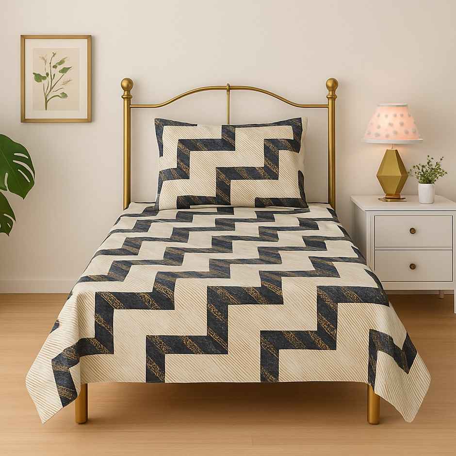 Elegant Weavers Single Cotton Geometric Bedsheet | With 1 Pillow Cover | White & Black | 87 x 59 in