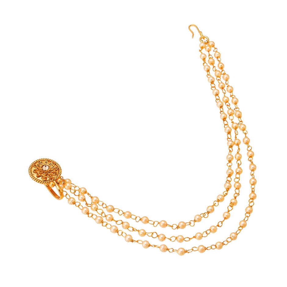 Aadita Traditional Long Chain Nose Pin- Gold Plated Nath with Kundan & Pearl for Bridal Wear