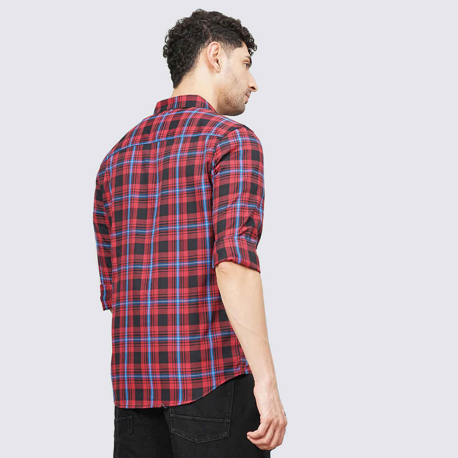 The Indian Garage Co Men's Regular Fit Checked Casual Shirt | Red - M