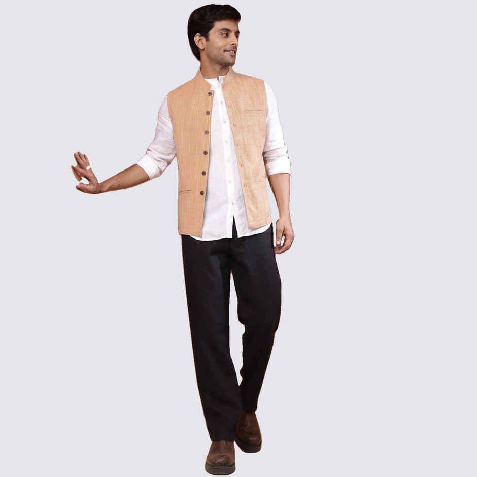 Fabindia Men's Nehru Jacket Cotton Hand Block Printed | Beige - M