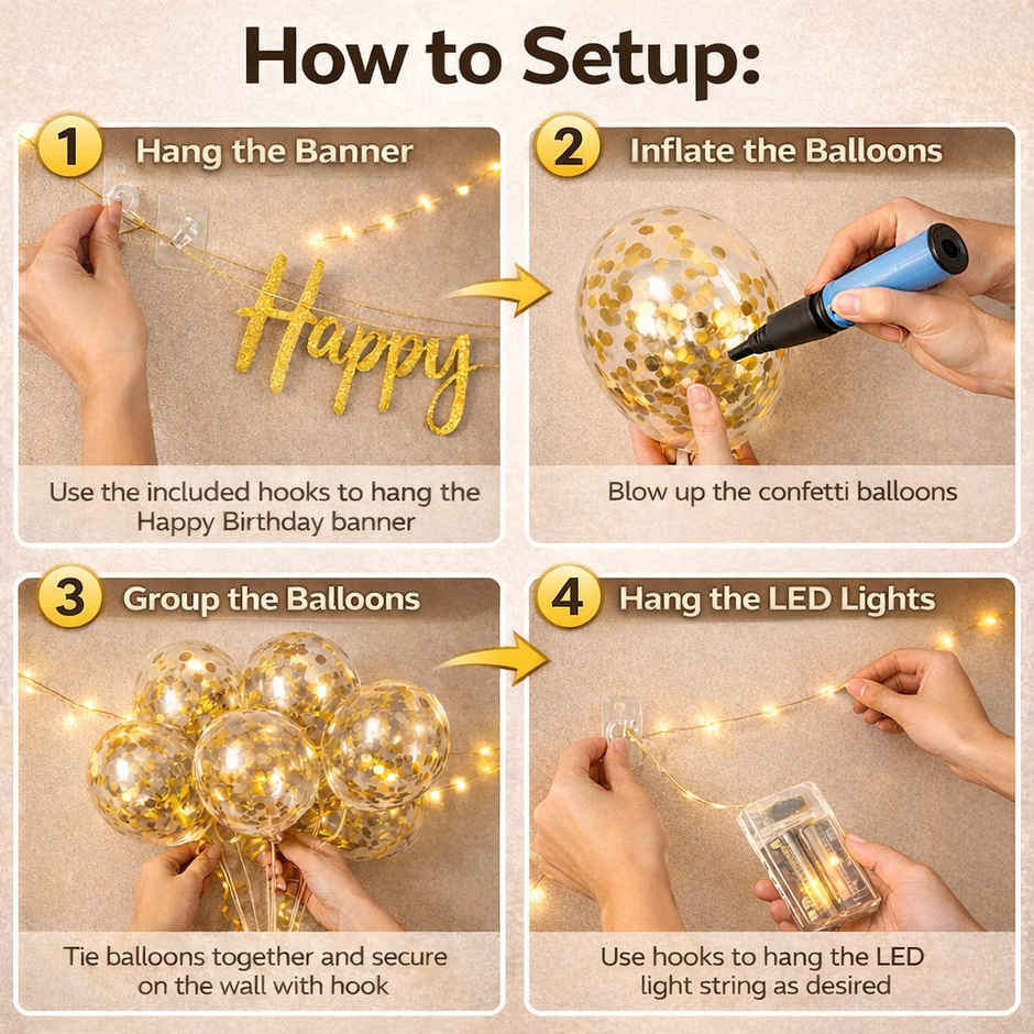 Birthday Decoration Kit Birthday Golden Birthday Banner, Confetti Balloons, Led Lights | BeyondLuv