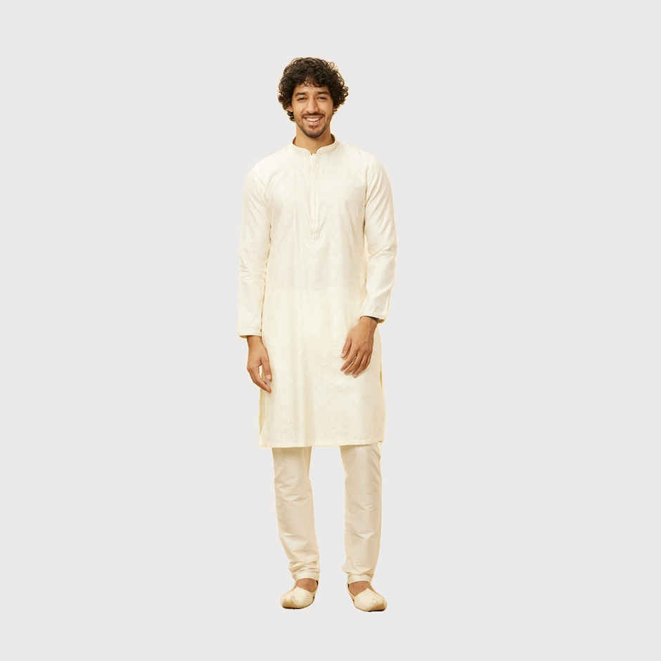 Manyavar Cream Blended Viscose Self Design Kurta Set | XXL