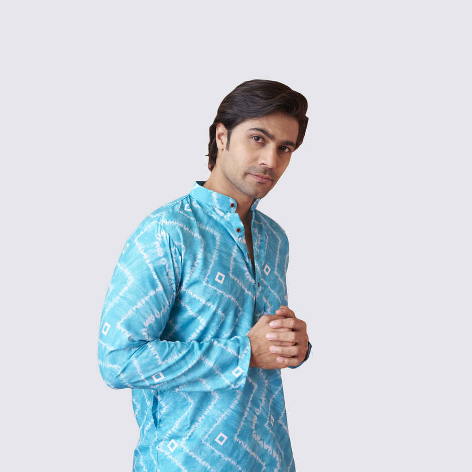 House Of Festivals Men's Printed Cotton Blend Tie & Die Look Long Kurta | Blue - XL