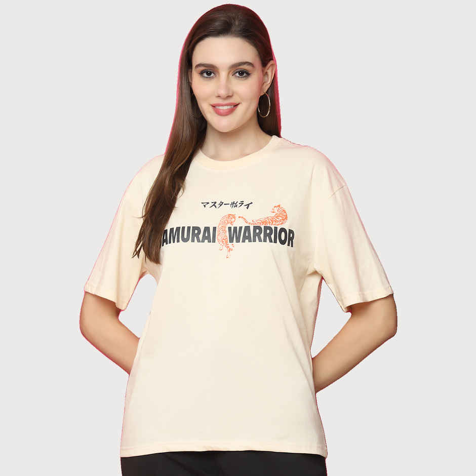 Fabflee Women Oversize Cotton Printed Round Neck Tshirt | Beige | FAB-OS-526 | M