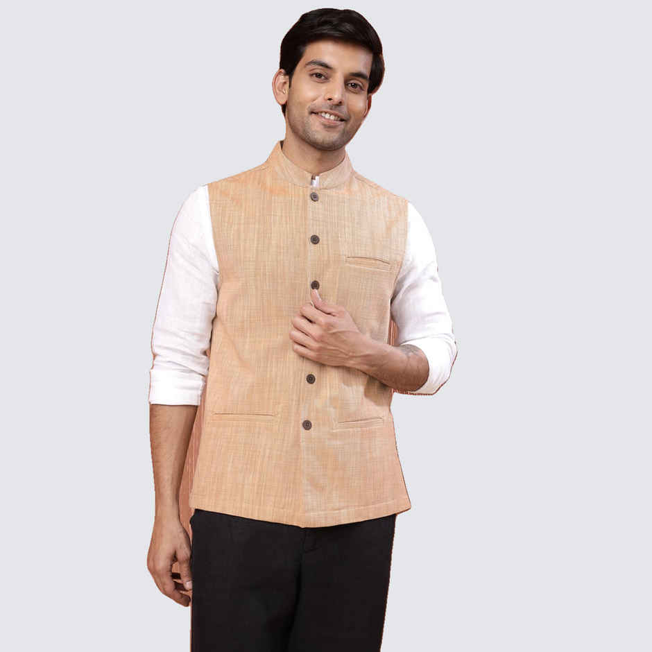 Fabindia Men's Nehru Jacket Cotton Hand Block Printed | Beige - M