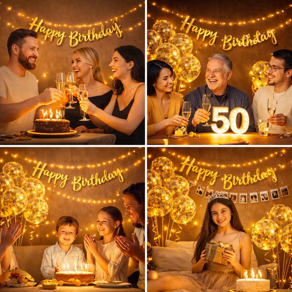 Birthday Decoration Kit Birthday Golden Birthday Banner, Confetti Balloons, Led Lights | BeyondLuv