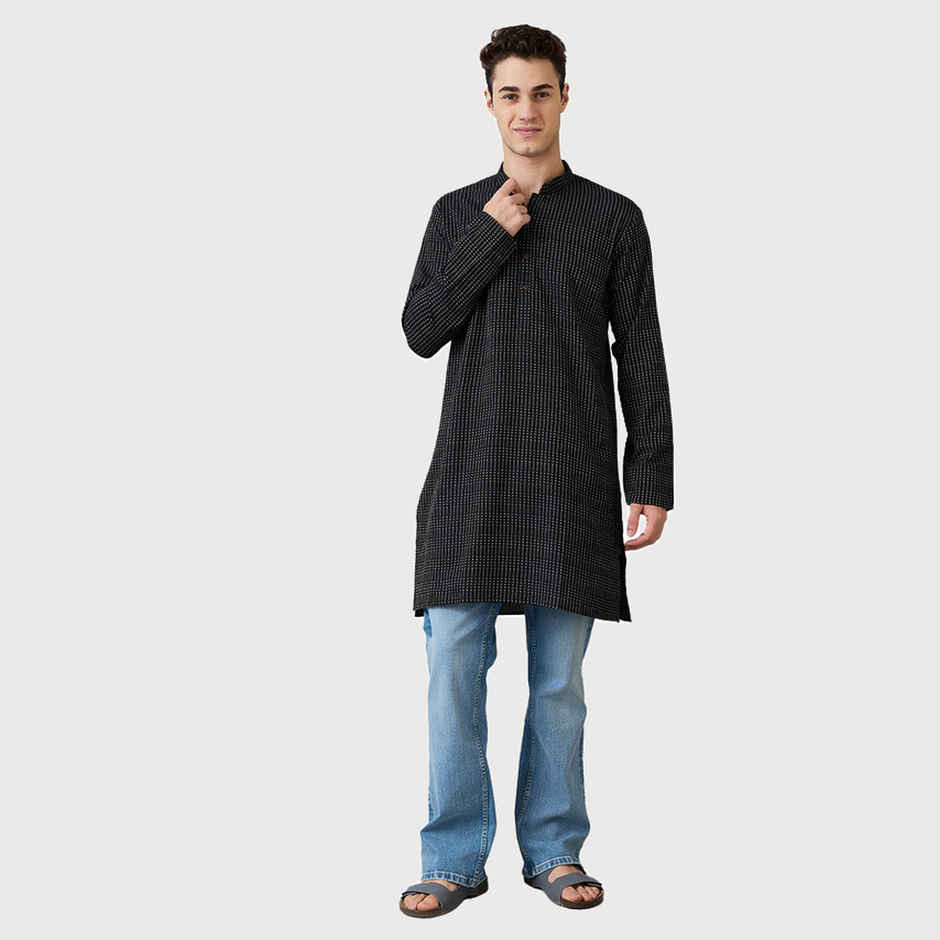 Ethnix by Raymond Men's Fit Pure Cotton Full Sleeve Folded Collar Short Kurta | Black - M