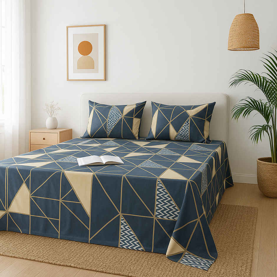 Elegant Weavers Ruby Double Geometric Bedsheet | With 2 Pillow Cover | Blue | 87 x 94 in