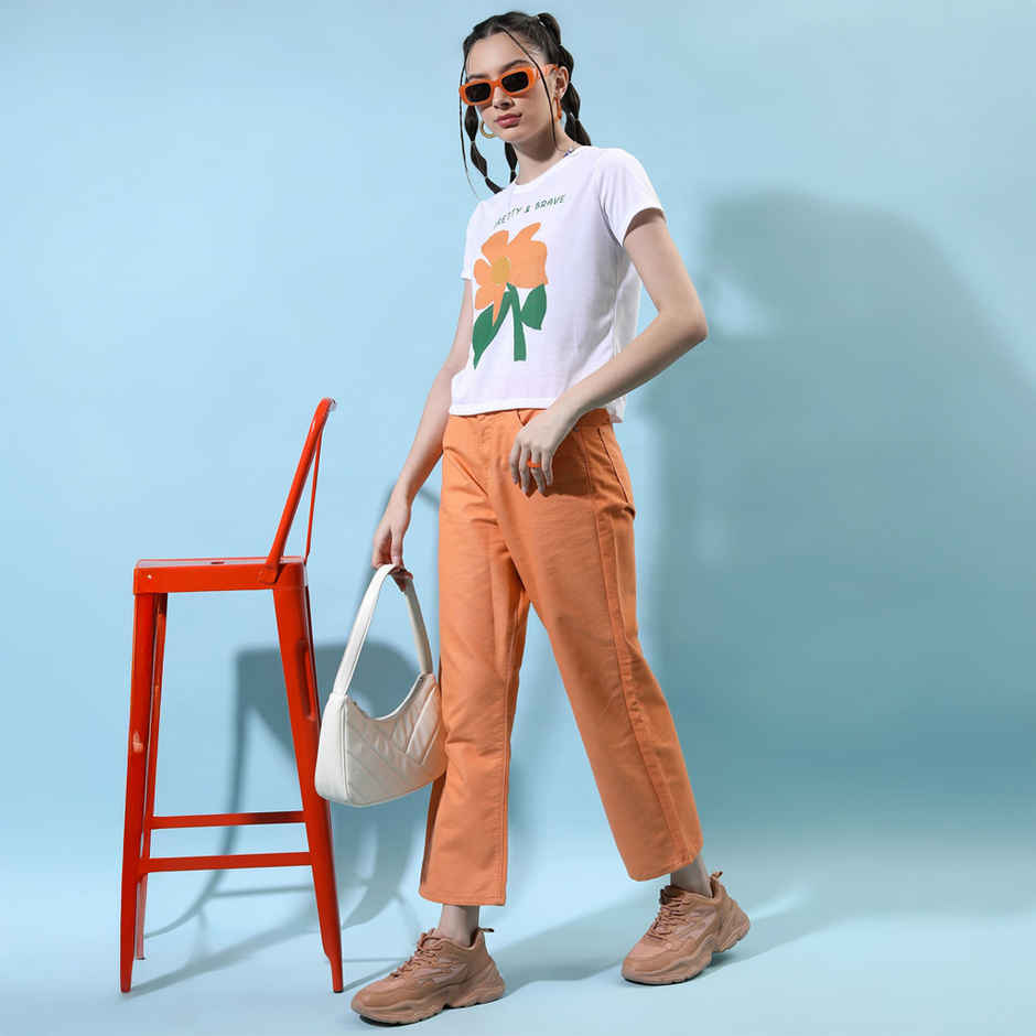 Tokyo Talkies Women's Floral Printed Round Neck T-Shirt | White - M