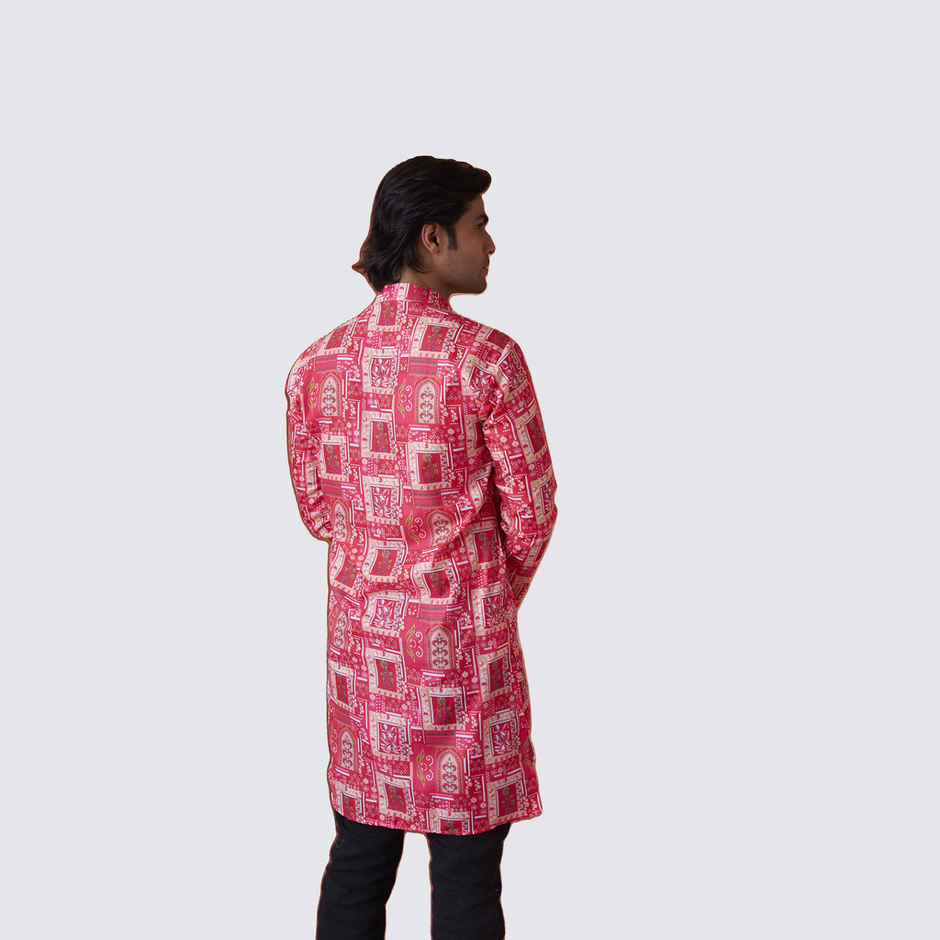 House Of Festivals Men's Printed Cotton Blend Long Kurta | Pink -L