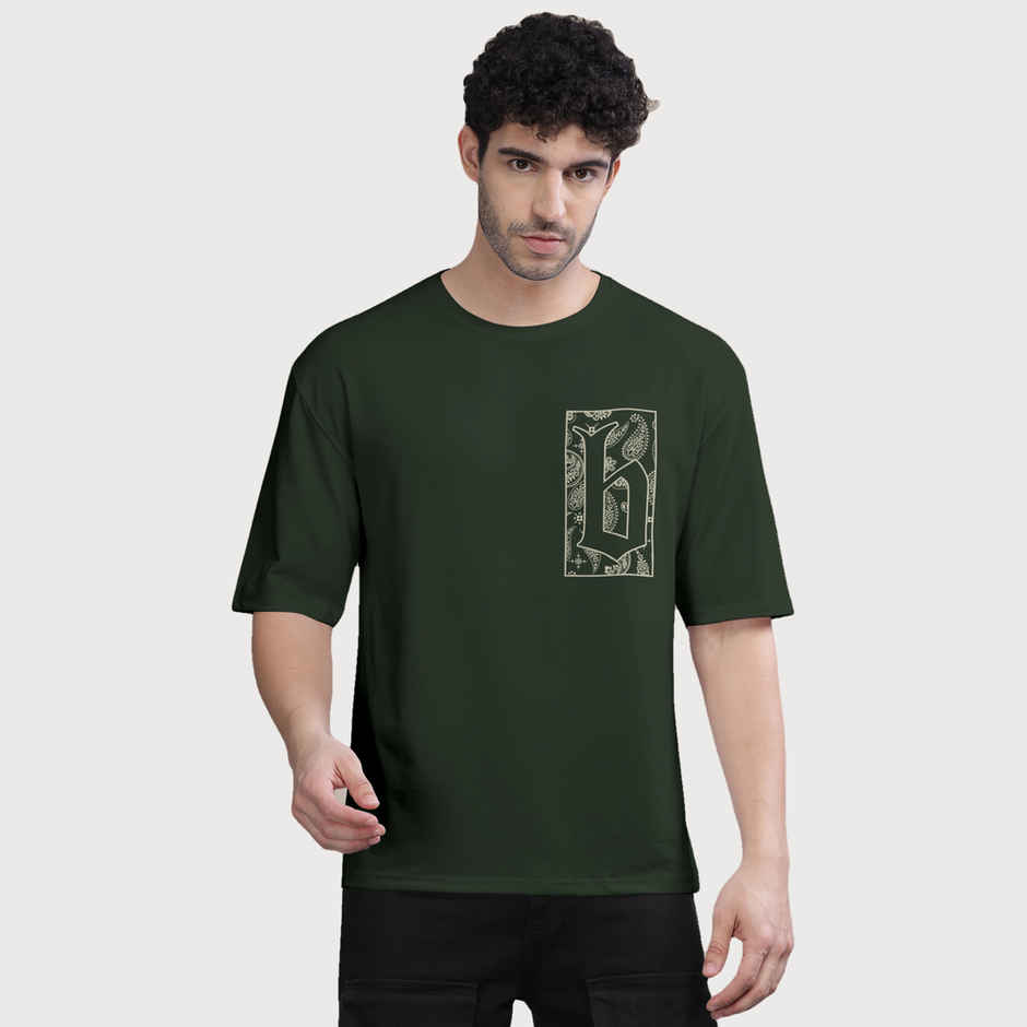 Bullmer Men's Oversized T-shirt Front and Back Printed, Colourblock Baggy | Olive | L