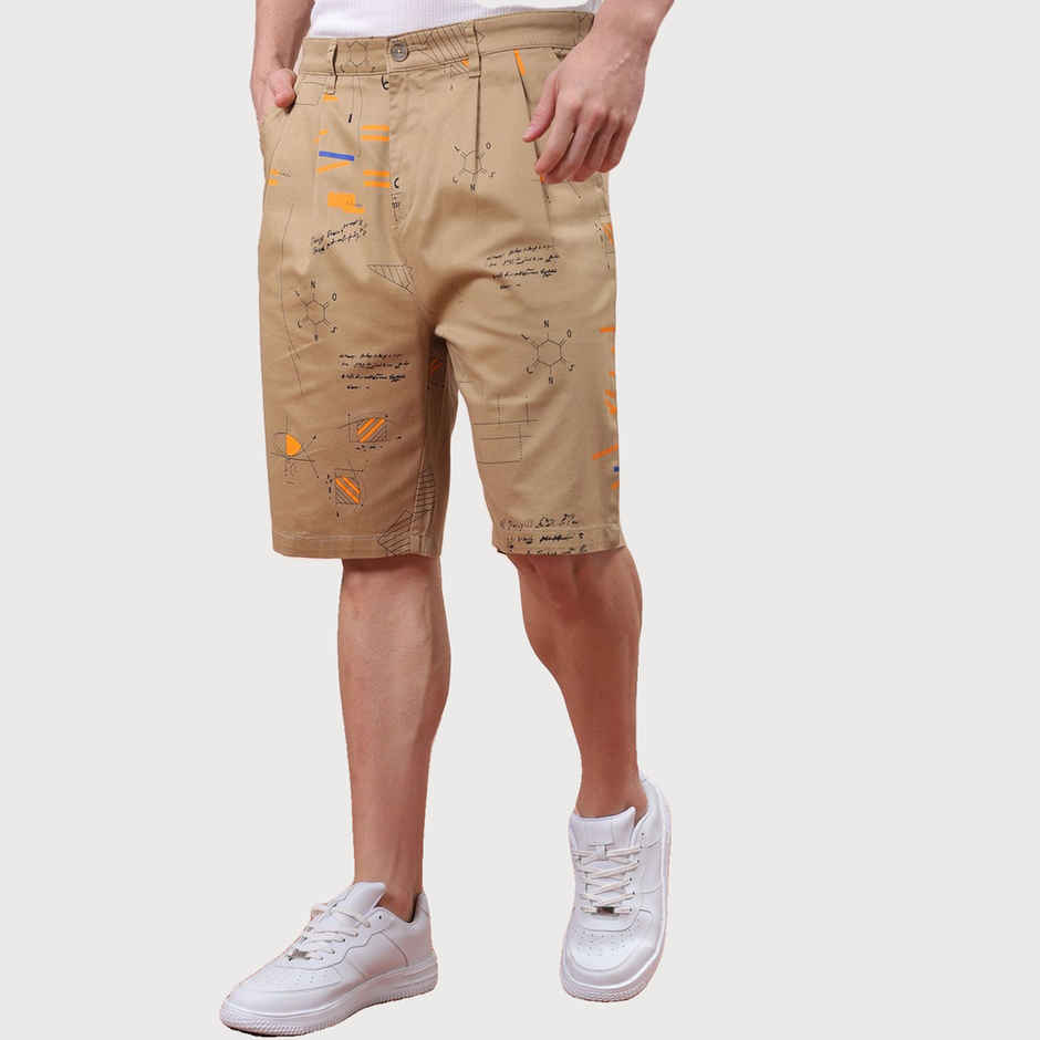 The Indian Garage Co Men s | Relaxed Fit Face Print Casual Pleated Shorts | Beige | 30