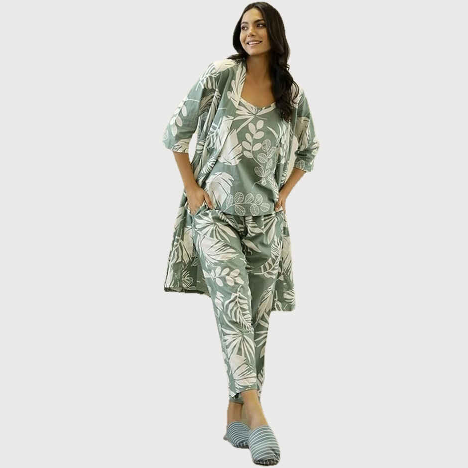 Sanskrutihomes Women's Printed Cotton Night Suit | Green - XL