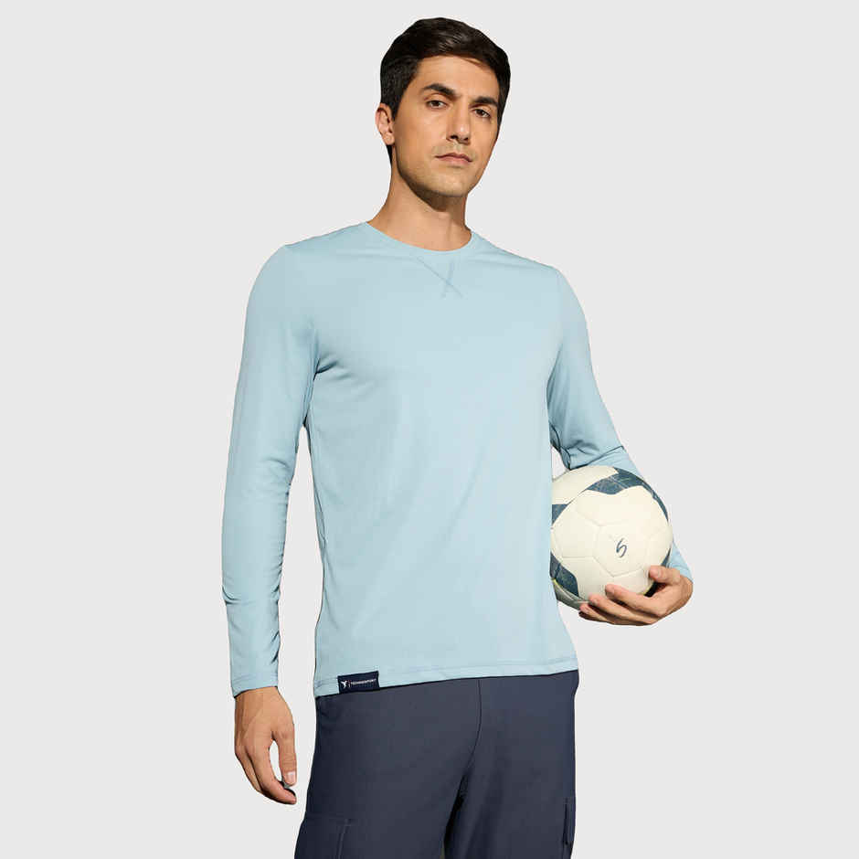 Technosport Men's Poly Solid Slim Fit Round Neck Full Sleeve Sports T-shirt | Smoke Blue - XL
