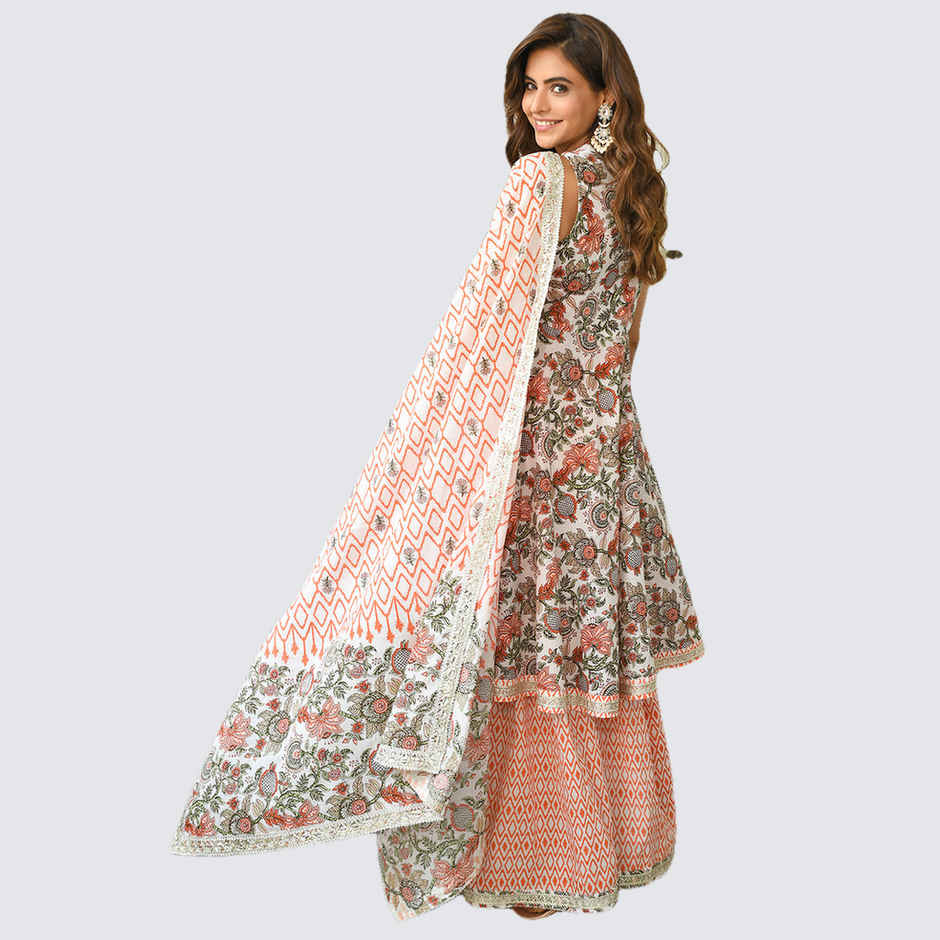 Janasya Women's White Pure Cotton Floral Printed Block Print Kurta with Sharara and Dupatta | S
