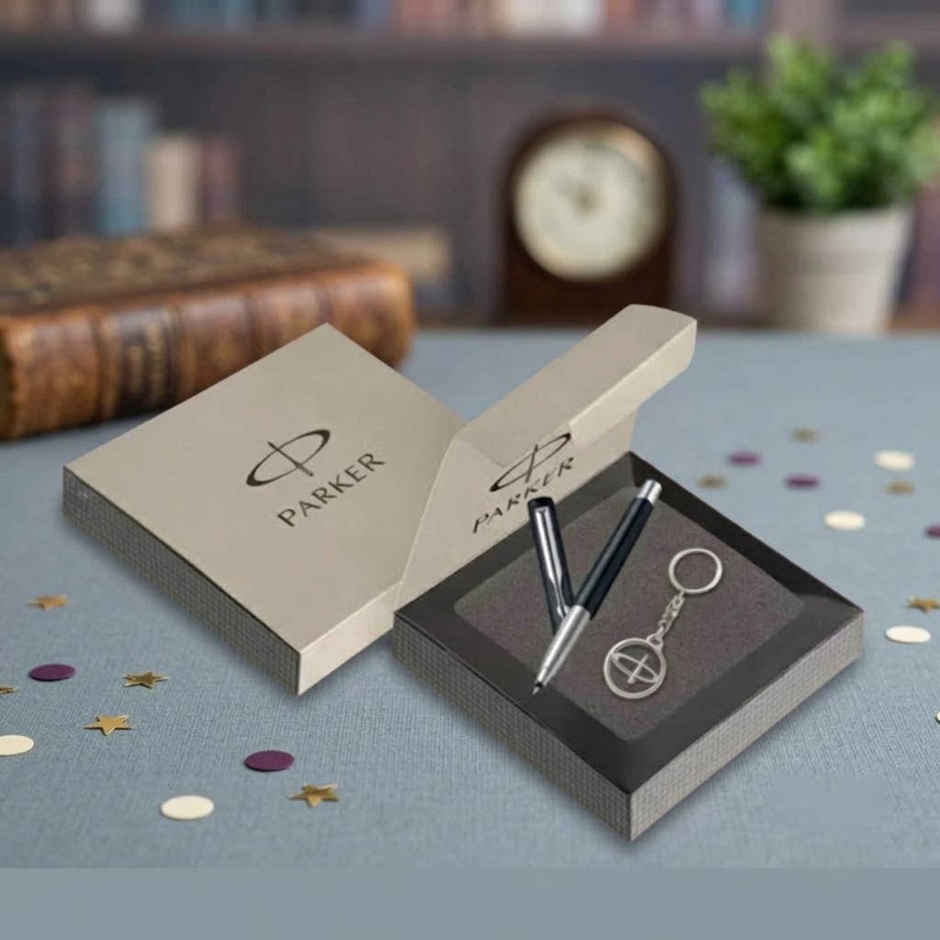 Parker Vector Standard Chrome Trim Roller Ball Pen & Silver Key Chain | Gift Set
