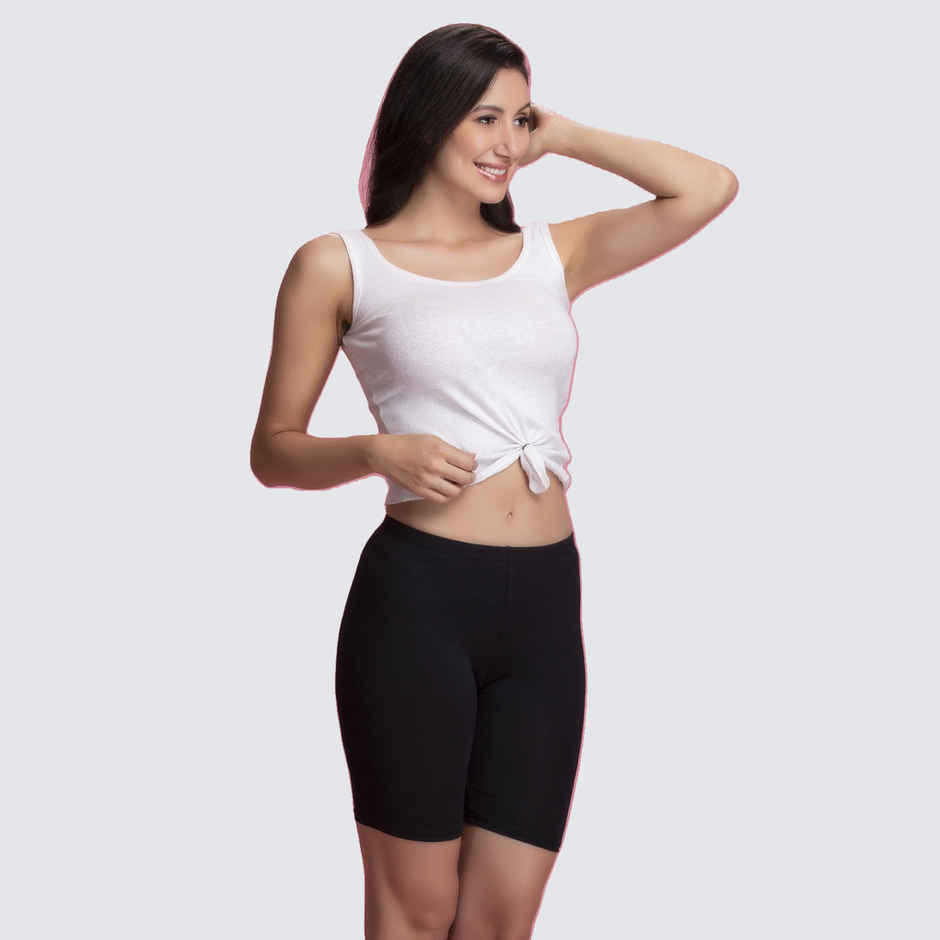 Clovia Cotton Mid Waist Cycling Shorts With Inner Elastic | Black | XL