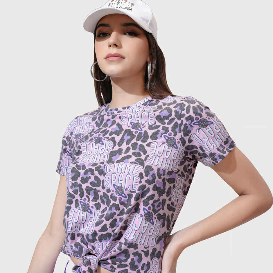 Tokyo Talkies Women's Printed Cropped Front Tie Up T-shirt | Multicolour - L