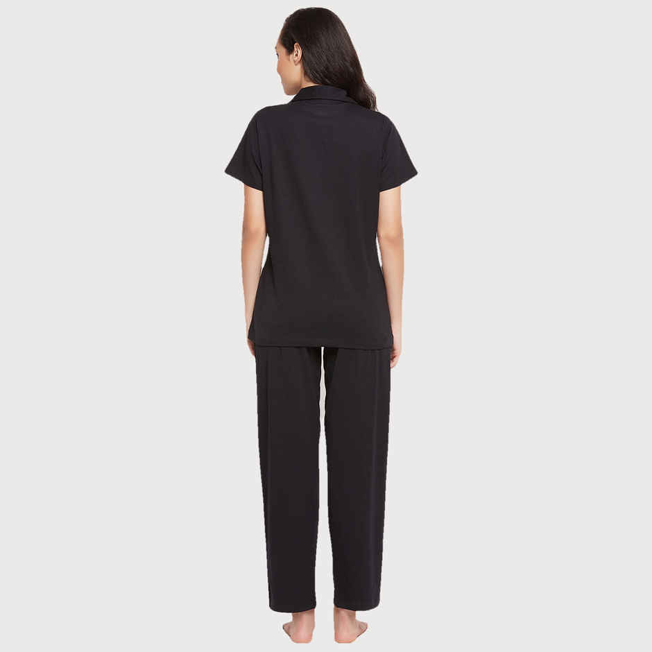 Clovia Cancer Print Button Down Shirt & Pyjama Set - 100% Cotton(Black - Xxl)