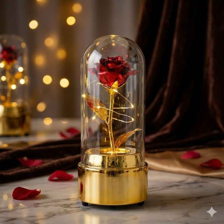 DesiDiya Rotating Rose Flower Lamp Glass Rose Forever Eternal Crystal Flower Light Up Metallic Rose