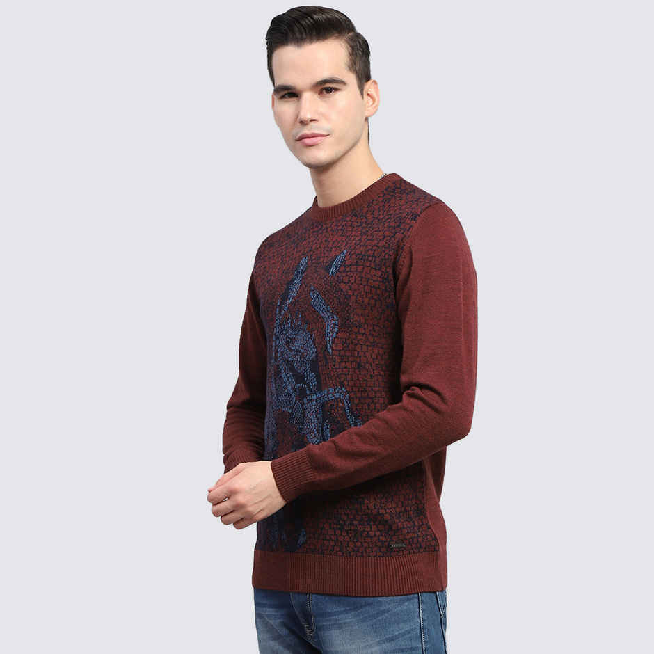 Monte Carlo Mens Wine Self Design Round Neck Full Sleeve Pullover |1243242Rn-2-44 |XXL