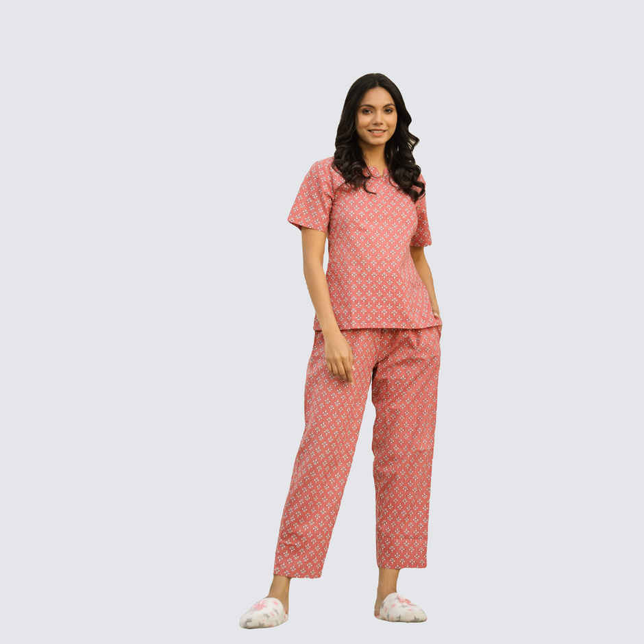 Sanskrutihomes Women's Printed Pure Cotton Night Suit | Pink - XXL