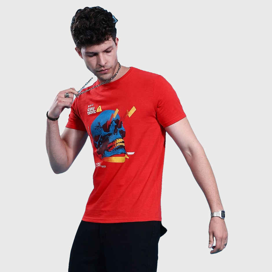 The Indian Garage Co Men | Regular Fit Placement Print Casual T-Shirt | Red | XL