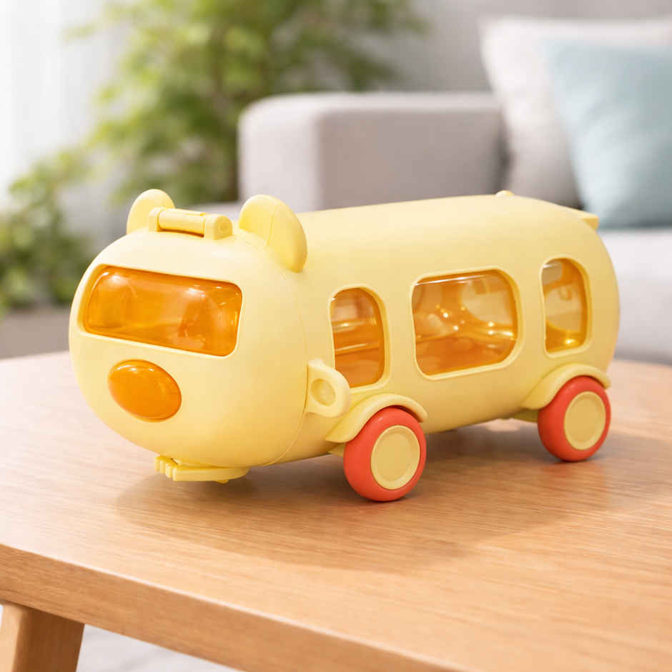 DesignLand Kids Bus Shaped Water Bottle with Shoulder Strap | Yellow - 550 ml