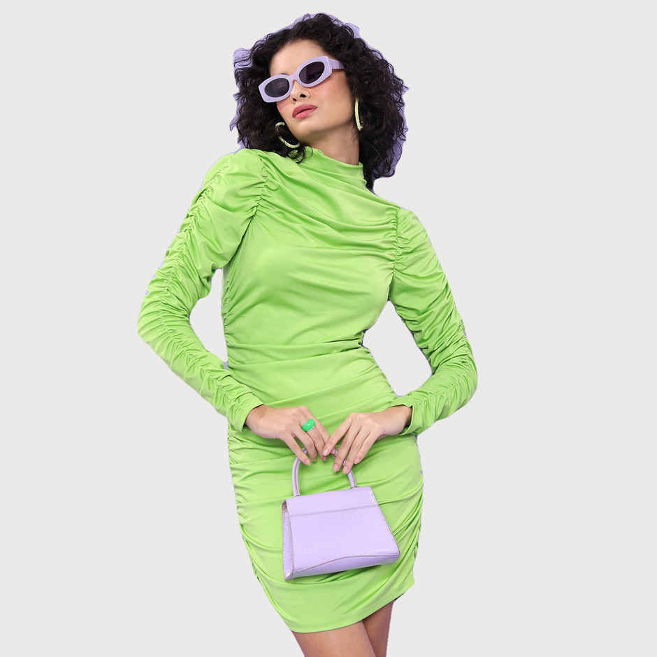Ketch Women's High Neck Puff Sleeve Gathered Ruched Bodycon Dress | Green - L