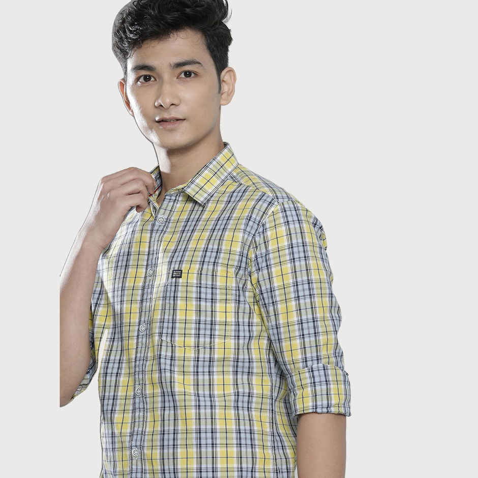 The Indian Garage Co Men's Slim Fit Checked Casual Shirt | Yellow - S