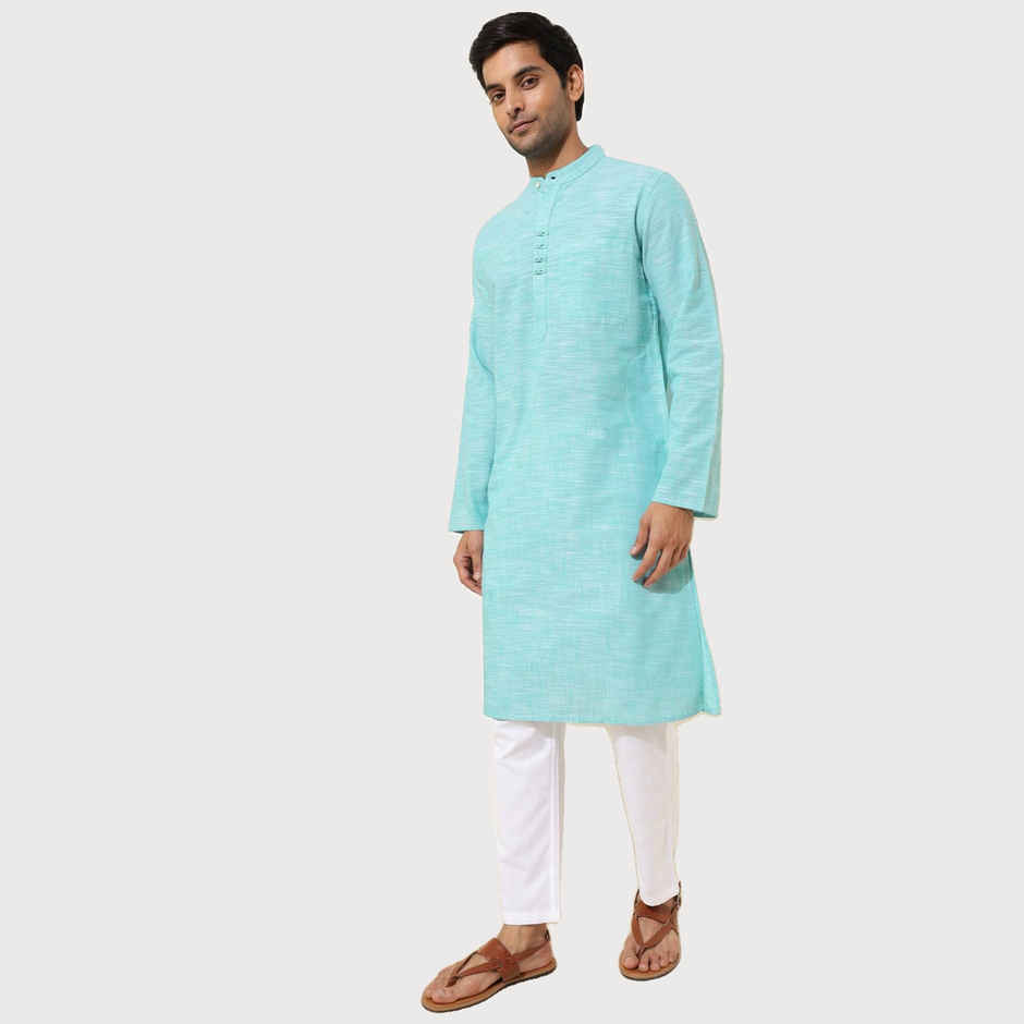 Fabindia Men's Long Kurta Cotton Woven Slim Fit | Teal - XS