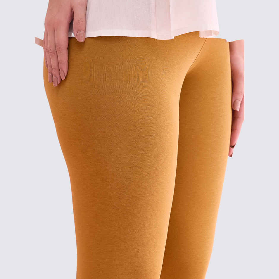 Go Colors Women's Solid Mid Rise Ankle Length Leggings | Mustard - M