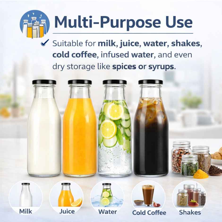 Lazer Glass Bottle | 1 L | Leakproof Airtight for Milk, Juice & Water