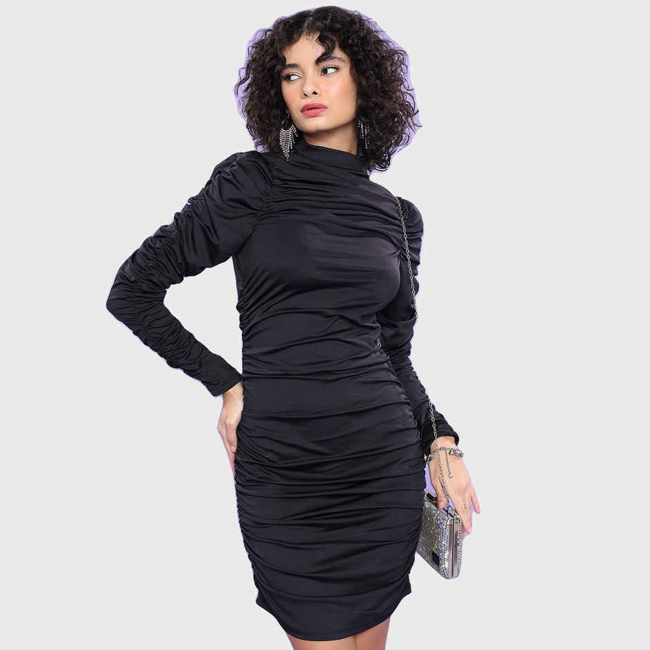 Ketch Women's Gathered Detailed High Neck Long Sleeves Sheath Dress | Black - XL