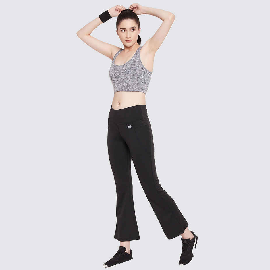 Clovia Women's Flared Yoga Pants - Black | High Waist | With Side Pockets | L