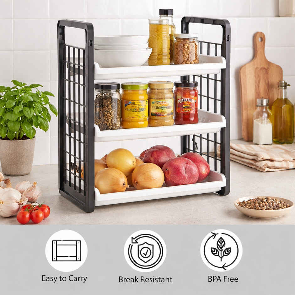 Zedak 3 Tier Plastic Storage Rack Kitchen Bathroom Organizer | Grey - 1 pc