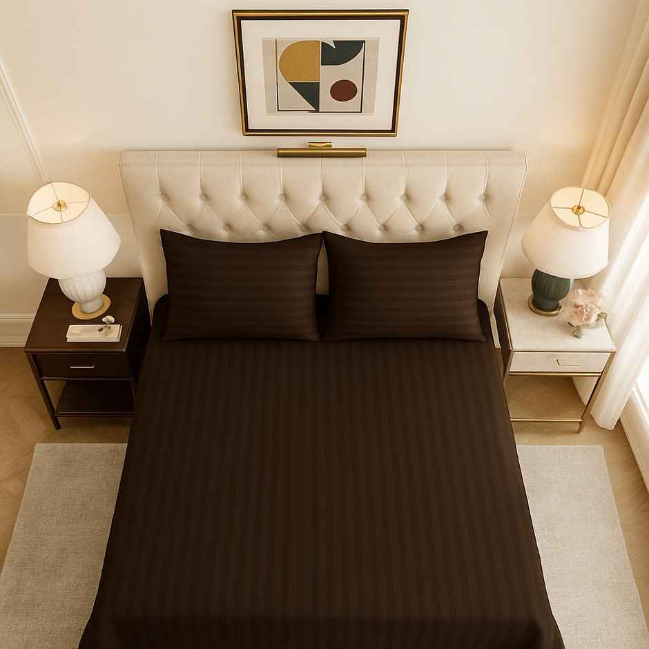 Elegant Weavers Striped Double Bedsheet | With 2 Pillow Covers | Brown | 94 x 87 in