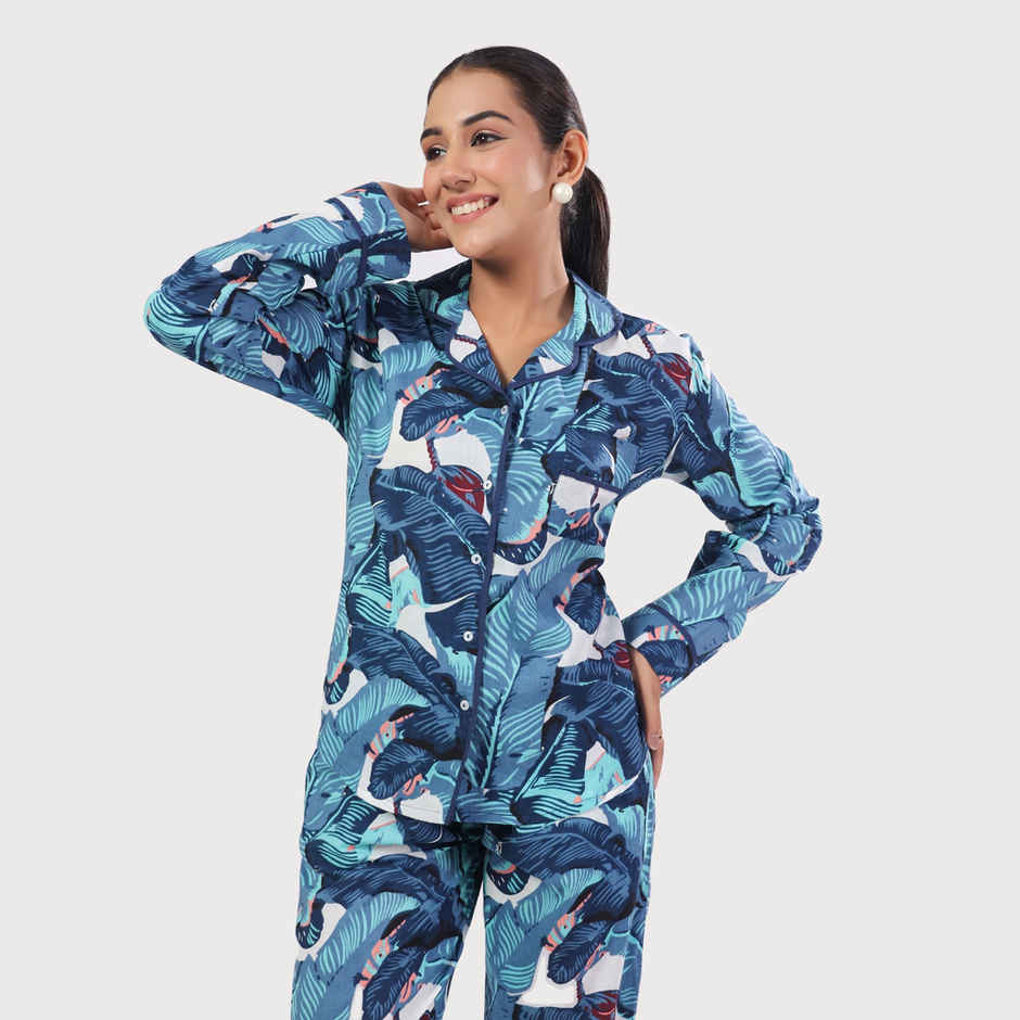 Sanskrutihomes Women Tropical Printed Pure Cotton Blue Night Suit SE-NSP-565 | L