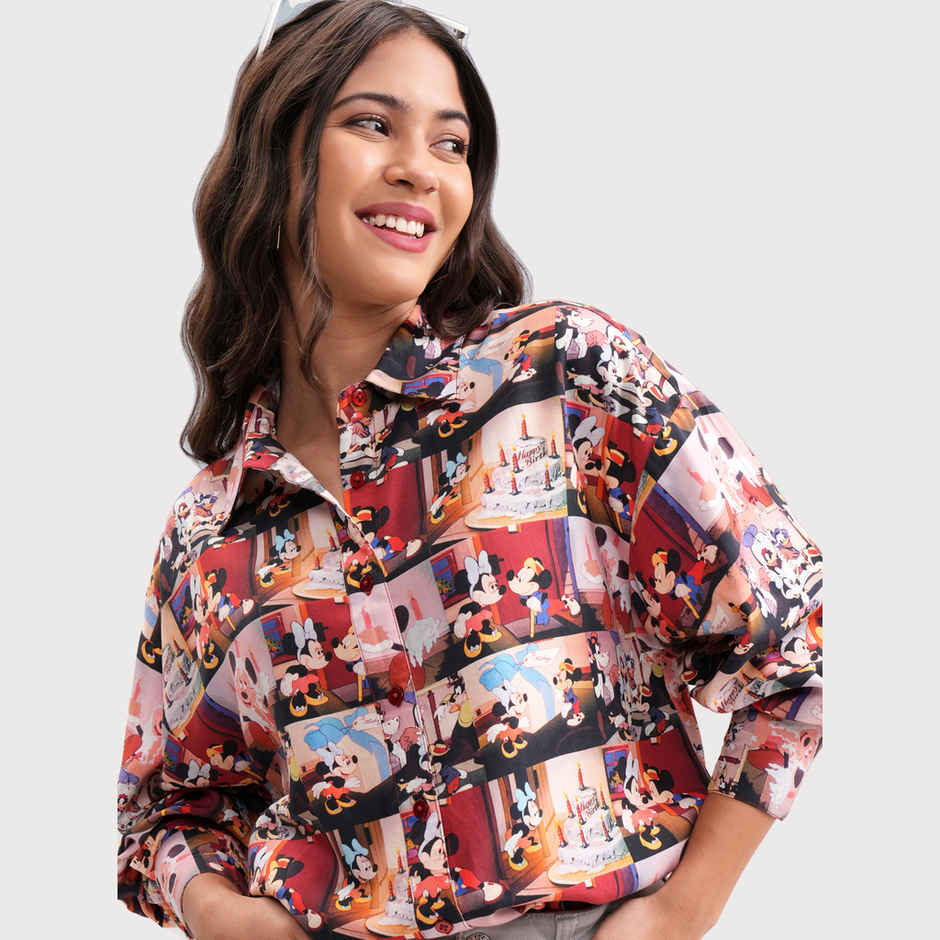 Tokyo Talkies Women's Mickey And Friends Aop Oversized Fit Shirt | Brown Multi - M