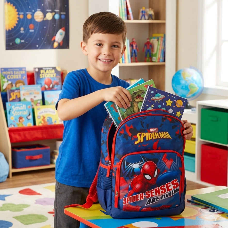 Striders Kid's Spider-Man School Bag | Red & Blue | Spacious Compartments | 14 in