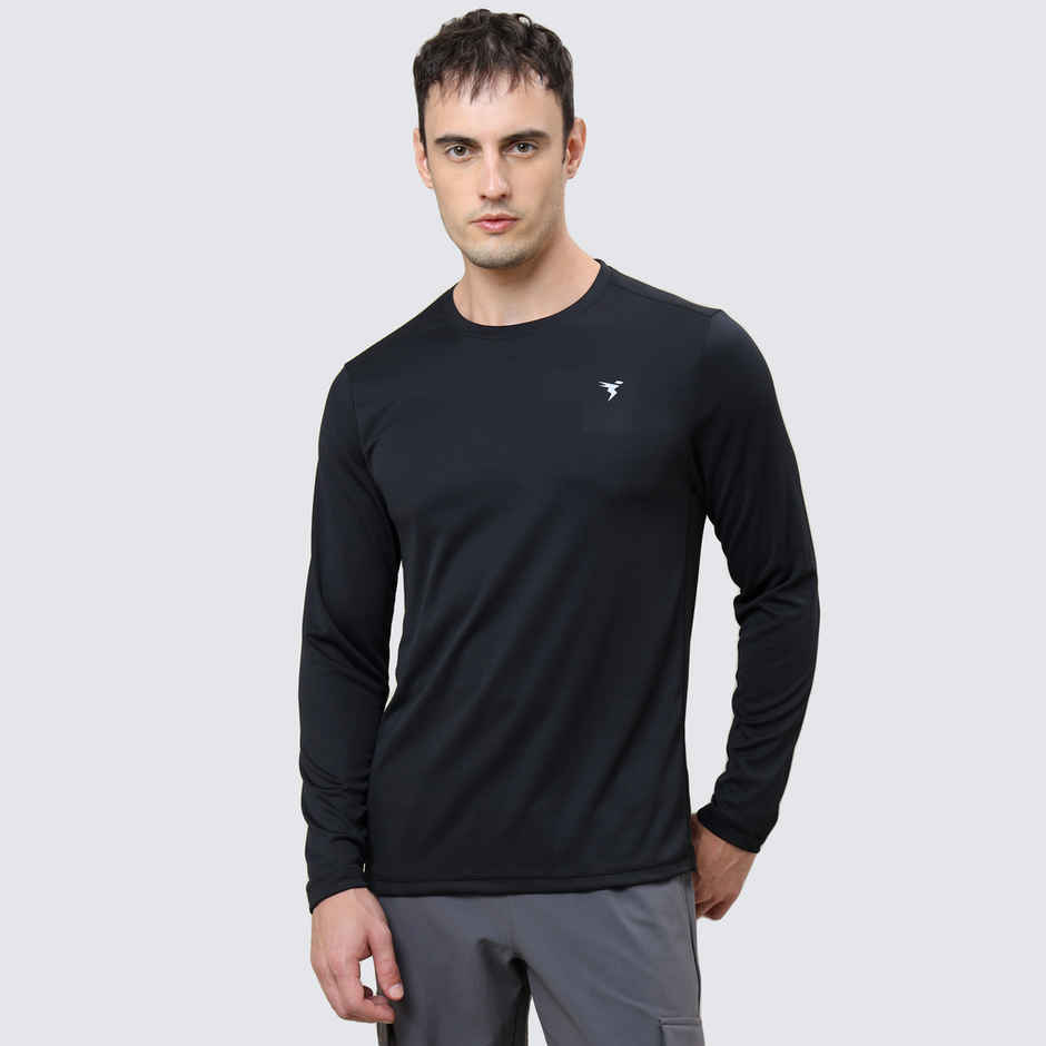 Technosport Men's Poly Solid Slim Fit Round Neck Full Sleeve Sports T-shirt | Black - L