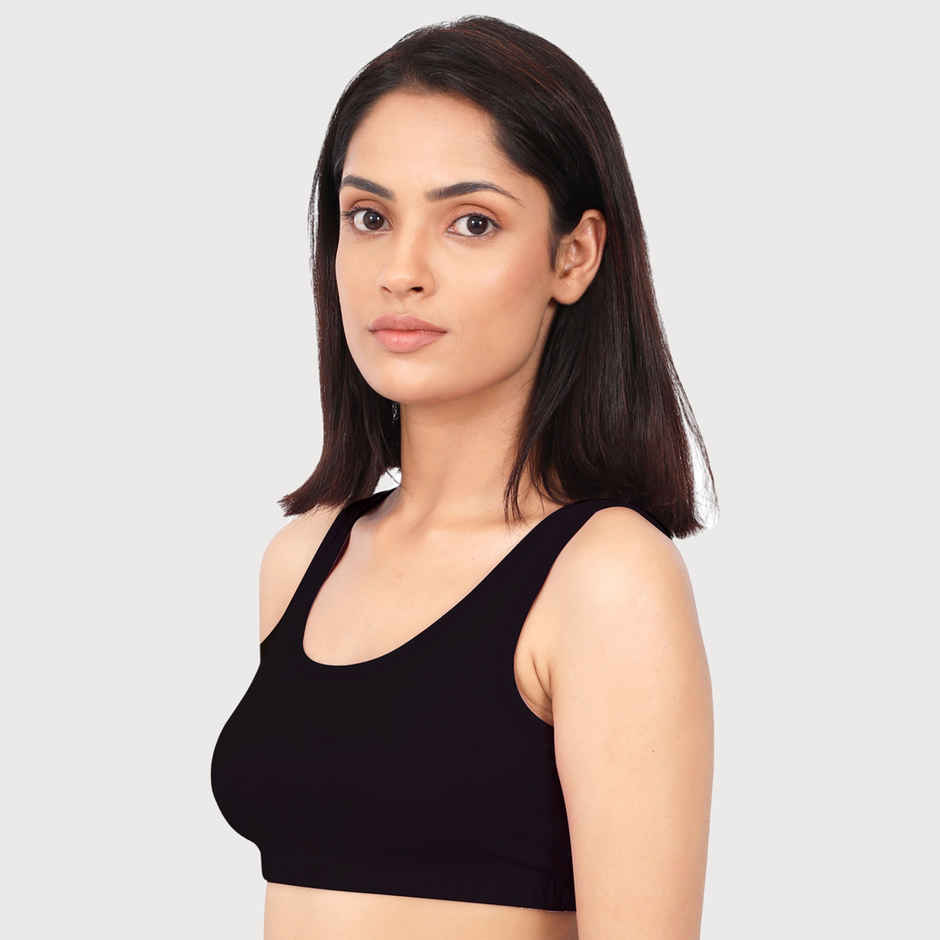 D'Chica Double-Layer Broad Strap Cotton Sports Bra | Non Padded Bra For Women's | Black | L