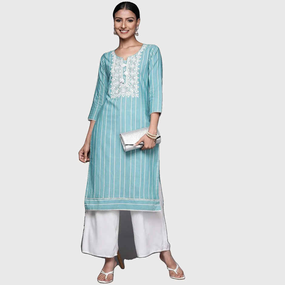 Libas Women Blue Cotton Embroidered Yoke Straight Kurta - 23637Os