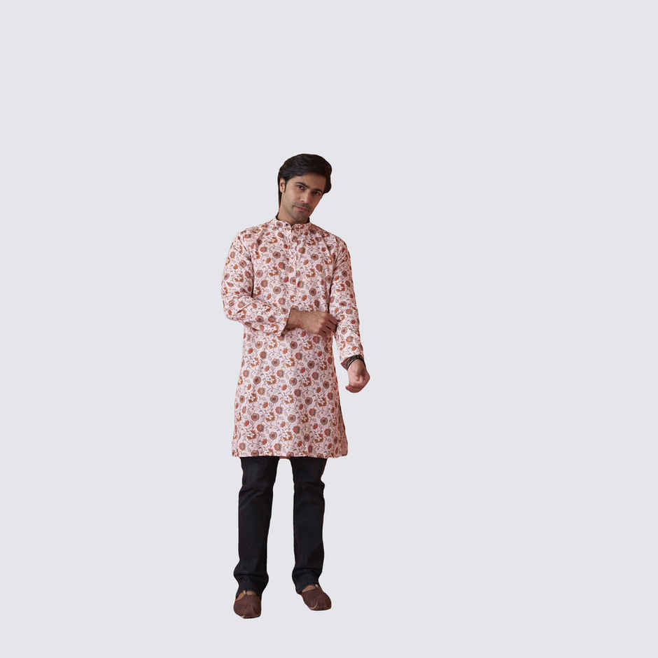 House Of Festivals Men's Printed Cotton Blend Long Kurta | Cream - L