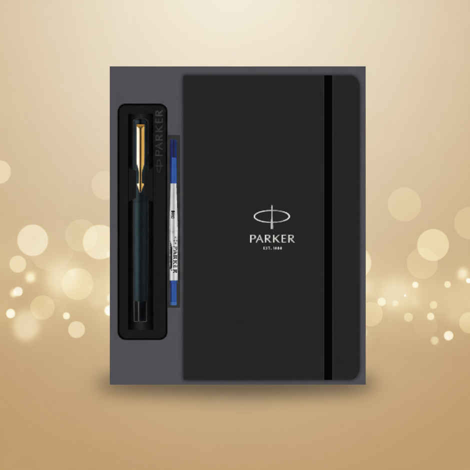 Parker Gift Set Vector Matte Black Gold Trim Roller Ball Pen With Parker Note Book