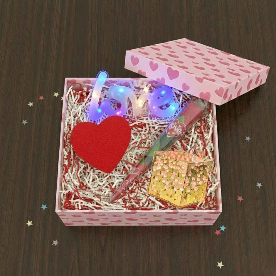 DesiDiya Mothers Day Gift Hamper - Scented Rose, Cube Tulip, Heart Lamp & Love Light
