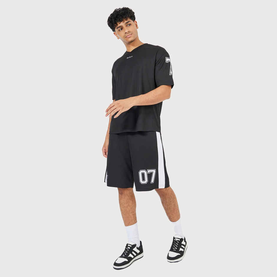 Styli Men's Varsity V Neck T-shirt and Oversized Shorts Co-ords | Black - XL