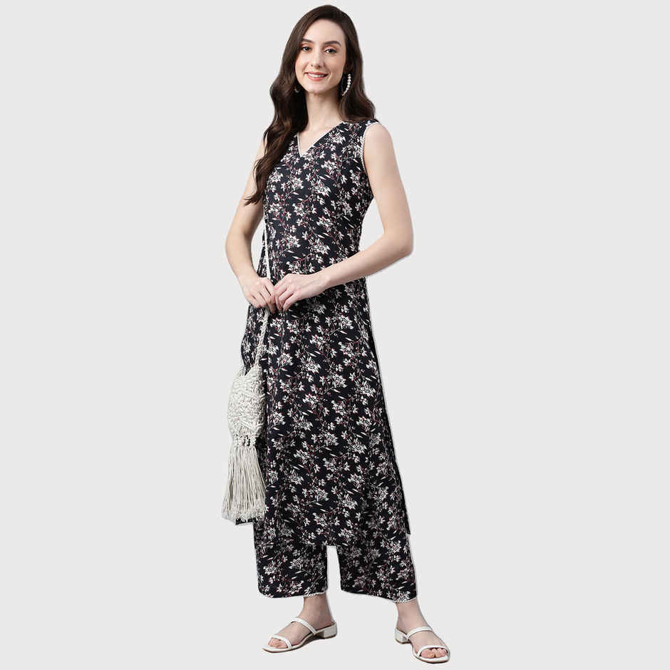 Janasya Women's Black Pure Cotton Floral Printed Kurta with Palazzo | XL