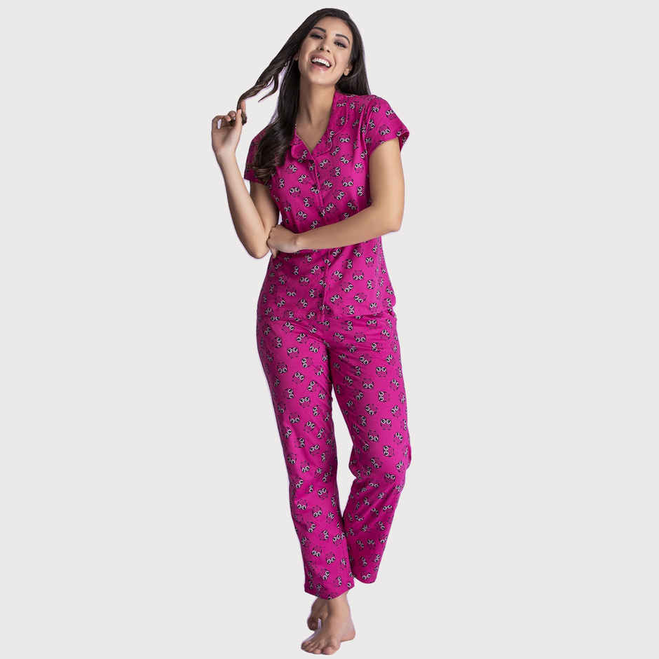 Clovia Owl Print Button Down Shirt & Pyjama Set - Cotton Rich(Magenta - S)
